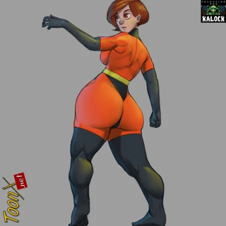 Helen Parr con traje rojo ajustado resaltando sus glúteos grandes y muslos anchos en pose provocativa.