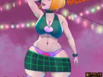 Harley Quinn sensual con bikini verde y minifalda a cuadros, resaltando sus pechos y pubis en pose provocativa.