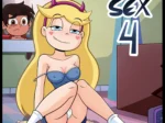Star Butterfly sentada con lencería azul, pechos semidesnudos y vulva expuesta mientras Marco observa desde atrás.