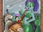Sirena gigante con pechos grandes y erectos abrazando a Cuphead sobre un cofre del tesoro en póster de Opera Tonight.