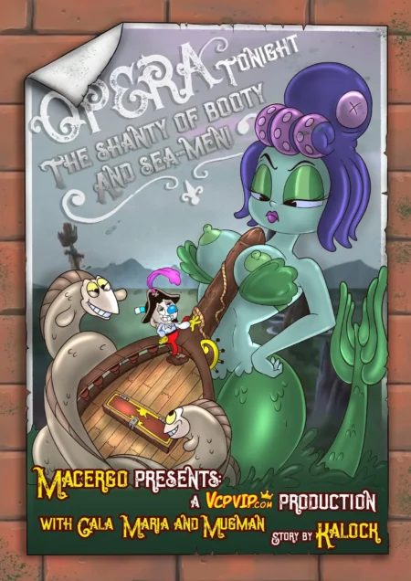 Sirena gigante con pechos grandes y erectos abrazando a Cuphead sobre un cofre del tesoro en póster de Opera Tonight.