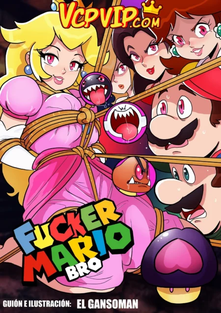 Princesa Peach atada con cuerdas y excitada junto a Mario y Peach en el cómic erótico Fucker Mario Bro de El Gansoman.