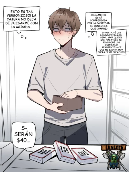 Joven sonrojado comprando varias cajas de condones en una tienda para tener sexo con Nagatoro.