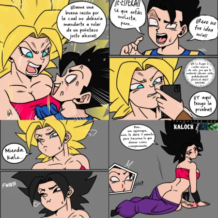 Cómic erótico de Dragon Ball donde Kale domina a Cabba y lo obliga a darle sexo oral como castigo.