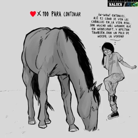 Gamer girl excitada frente a un caballo real gigante mientras piensa en el tamaño de su miembro para follar.