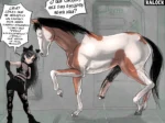 Asuka Gótica enfurecida frente a un caballo con un pene gigante y erecto que gotea semen en una habitación.