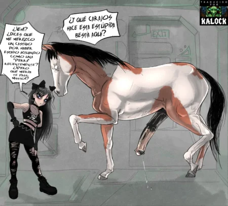 Asuka Gótica enfurecida frente a un caballo con un pene gigante y erecto que gotea semen en una habitación.