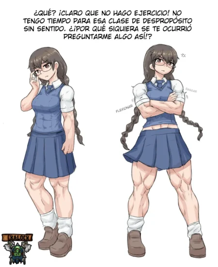 Alice, la representante de clase, luce muslos y pantorrillas hipermusculosos bajo su falda corta y uniforme escolar.