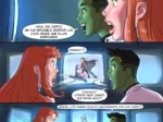 Miss Martian y Drax masturbándose mientras espían por pantallas el sexo explícito de otra pareja.
