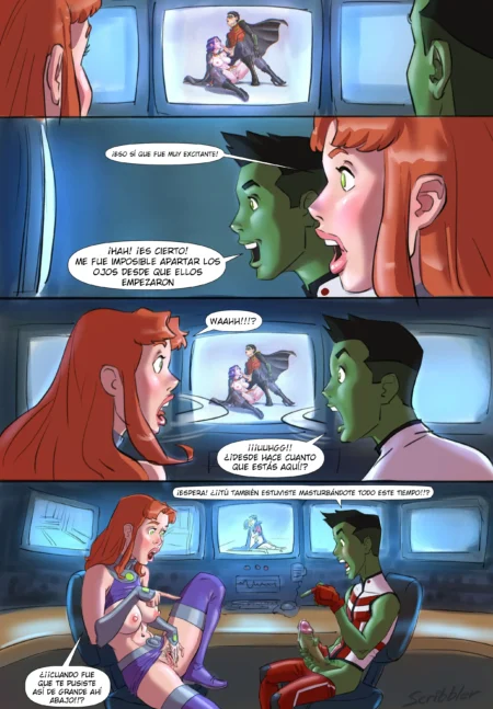 Miss Martian y Drax masturbándose mientras espían por pantallas el sexo explícito de otra pareja.