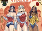 Tres amazonas con trajes ajustados y escotes pronunciados posando con pechos grandes y pubis marcados.