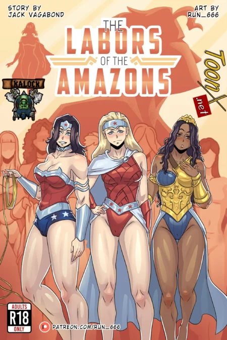 Tres amazonas con trajes ajustados y escotes pronunciados posando con pechos grandes y pubis marcados.