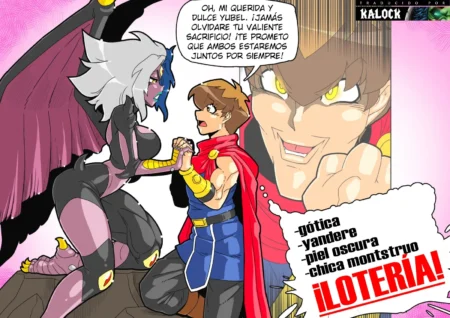 Yubel gótica de piel oscura y pechos grandes junto a un joven mientras el texto resalta su naturaleza yandere y monstruosa.