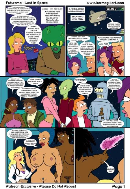 Cómic erótico de Futurama con personajes desnudos, pechos grandes y genitales expuestos en una escena sexual espacial.