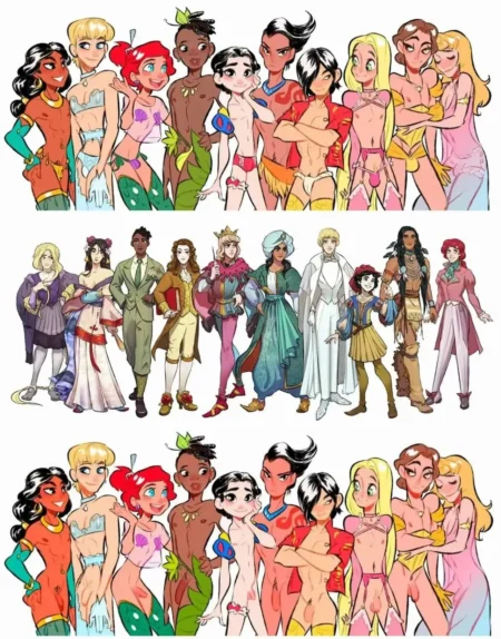 Princesas Disney gender bender masculinizadas en ropa interior erótica y trajes elegantes posando con actitud sexual.
