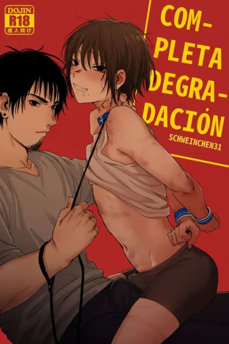 Hombre domina a joven sumiso con correa en el cuello, camiseta corta y ropa interior oscura sobre fondo rojo.