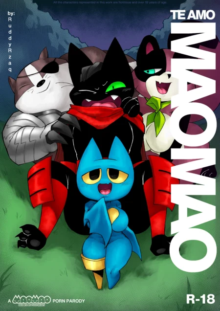 Mao Mao y Badgerclops abrazan a una Mao Mao feminizada con pechos grandes y ropa ajustada en un fanart erótico R-18.