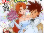 Ash y Delia celebrando su boda con ella luciendo un vestido blanco escotado que resalta sus grandes pechos.