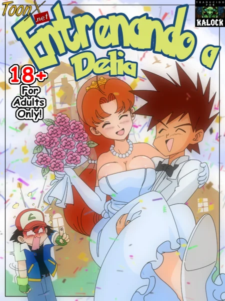 Ash y Delia celebrando su boda con ella luciendo un vestido blanco escotado que resalta sus grandes pechos.