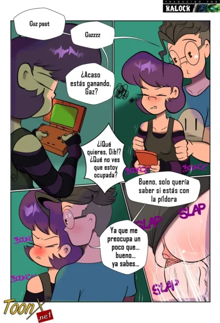 Dib observa los genitales expuestos de Gaz mientras ella juega videojuegos en un cómic erótico de Invader Zim.