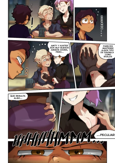 Amity tienta a Hunter tocándole el pecho y los glúteos mientras Luz observa con deseo su juego erótico y provocador.