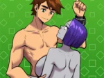 Hombre musculoso desnudo abrazando por la cintura a mujer púrpura desnuda con pechos grandes en pose erótica.