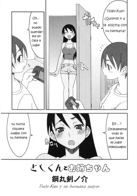 Hermana mayor excitada en ropa interior invita a Toshi-Kun a la piscina mientras él juega videojuegos.