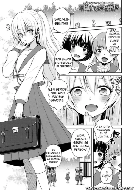Manga de Saionji-ke No Ojou-sama con chicas escolares en uniformes cortos y expresiones tiernas en el aula.