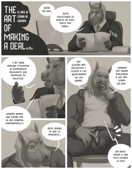 Cómic antropomórfico de caballos donde un candidato expone su pene erecto para conseguir un empleo de asistente personal.