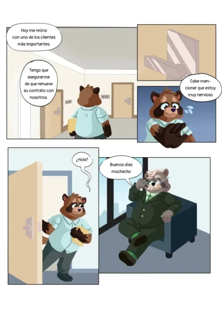Cómic de osos antropomorfos en oficina donde un empleado nervioso visita a su jefe gordo para renovar el contrato.