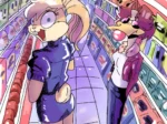 Dos anthropomorfos femeninos eróticos en un supermercado, una rubia con vestido corto azul y otra con ropa interior y cuero.