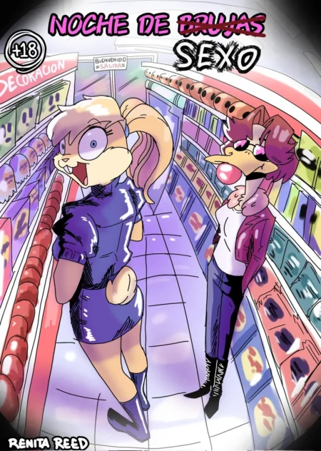 Dos anthropomorfos femeninos eróticos en un supermercado, una rubia con vestido corto azul y otra con ropa interior y cuero.