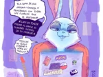 Conejo antropomorfo frente a laptop escribiendo un rol erótico explícito sobre penetración fuerte y placer intenso.