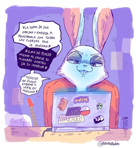 Conejo antropomorfo frente a laptop escribiendo un rol erótico explícito sobre penetración fuerte y placer intenso.