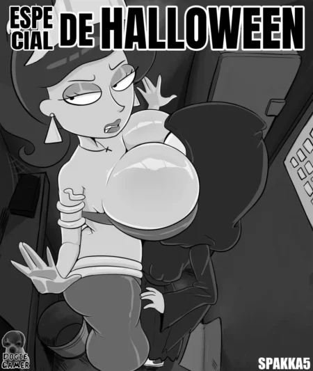 Mujer con pechos gigantes inflables siendo empujada contra la pared en un especial de Halloween de Spakka.