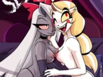 Vaggie y Charlie de Hazbin Hotel desnudas abrazadas y excitadas con los pezones expuestos en una pose erótica.