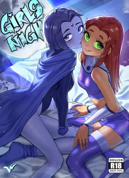 Raven y Starfire acurrucadas en la cama con ropa ajustada y sugerente en una pose íntima y erótica.