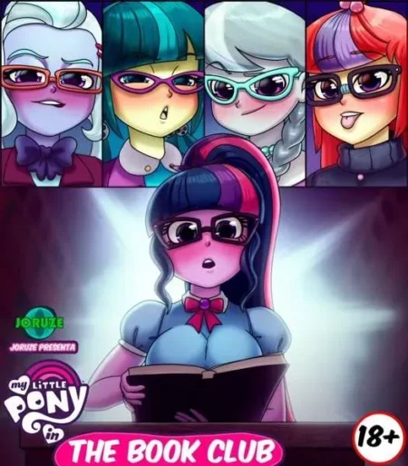 Personajes de My Little Pony Equestria Girls con gafas en un club de lectura erótico para adultos de Joruze.