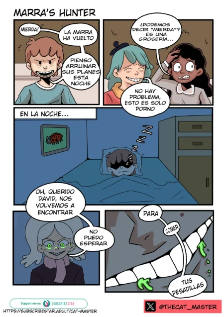 Cómic de Hilda donde Marra acecha a David mientras duerme para comerse sus pesadillas en un contexto erótico.