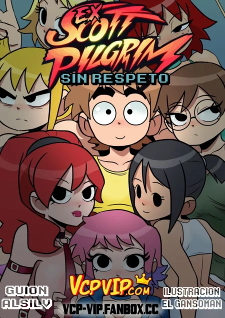 Harem de chicas de Scott Pilgrim rodeando al protagonista en portada de cómic erótico Ex Scott Pilgrim Sin Respeto.