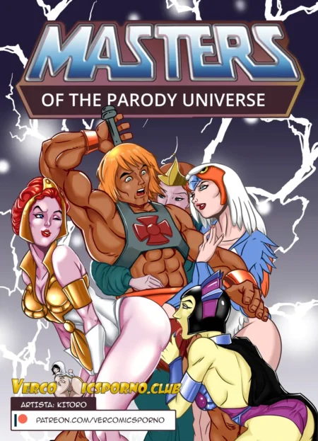 Parodia erótica de He-Man con personajes musculosos y sexys en poses sugerentes y desnudos parciales.