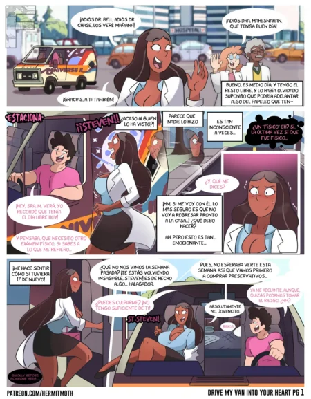 Cómic erótico de Hermit Moth donde una doctora y un joven tienen sexo explícito dentro de una furgoneta.