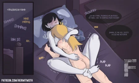 Finn penetra vaginalmente a Marceline en una cama mientras ella gime y lo abraza con deseo.