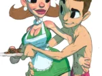 Judy Neutron con vestido corto y delantal mientras un hombre la abraza por detrás tocando sus glúteos y cintura.