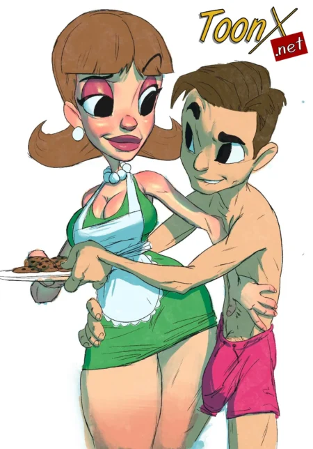Judy Neutron con vestido corto y delantal mientras un hombre la abraza por detrás tocando sus glúteos y cintura.