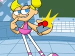 Dee Dee de El Laboratorio de Dexter sostiene un control remoto mientras manos púrpuras la acechan desde abajo.