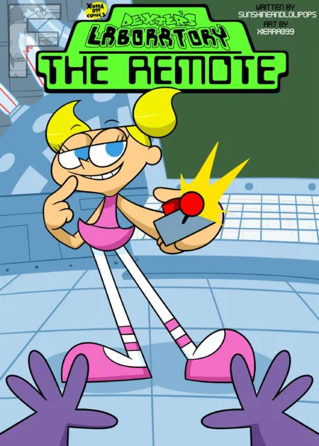 Dee Dee de El Laboratorio de Dexter sostiene un control remoto mientras manos púrpuras la acechan desde abajo.