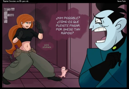 Kim Possible encara a Drakken mientras Shego gime placentera siendo penetrada por un pequeño monstruo rosa en el suelo.