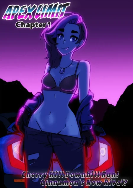 Mujer de Apex Limit con sujetador y pantalones bajados exponiendo su pubis frente a un coche bajo luces neón púrpuras.