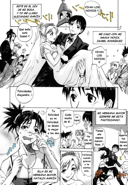 Novia en vestido blanco y novio abrazados junto a hermana mayor con escote pronunciado en manga de Luna de Miel Para Tres.
